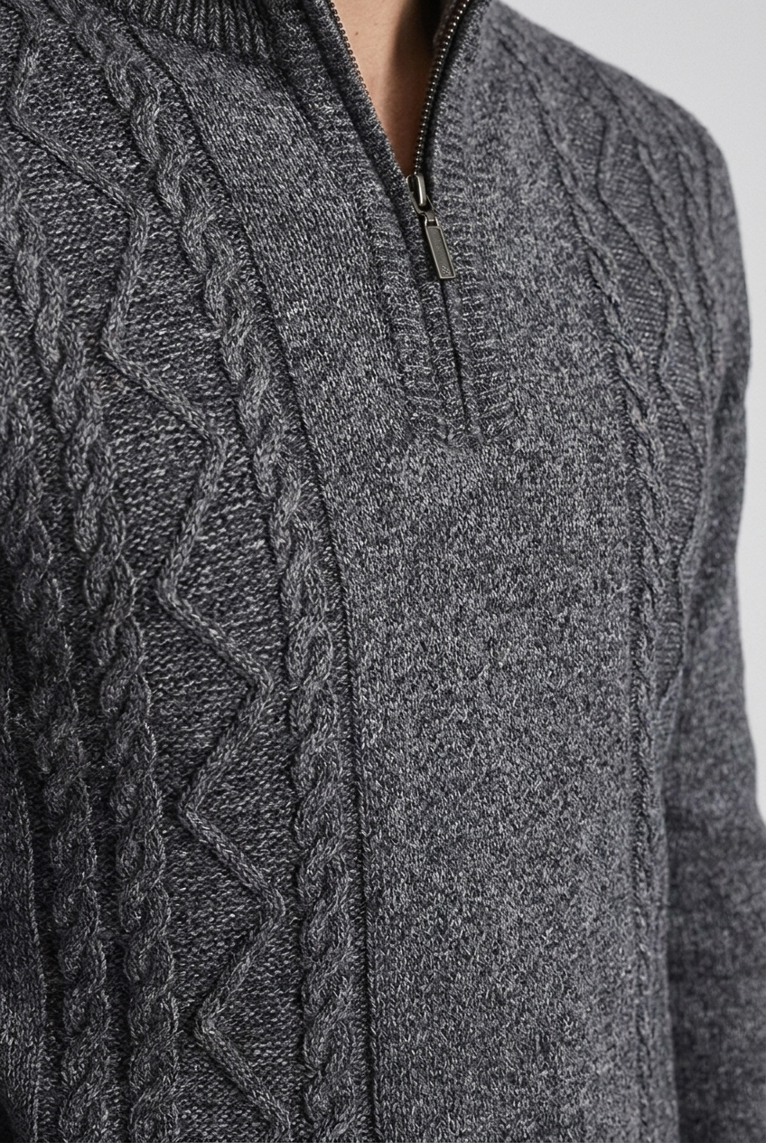Cable Knit Quarter Zip Funnel Collar Jumper Men