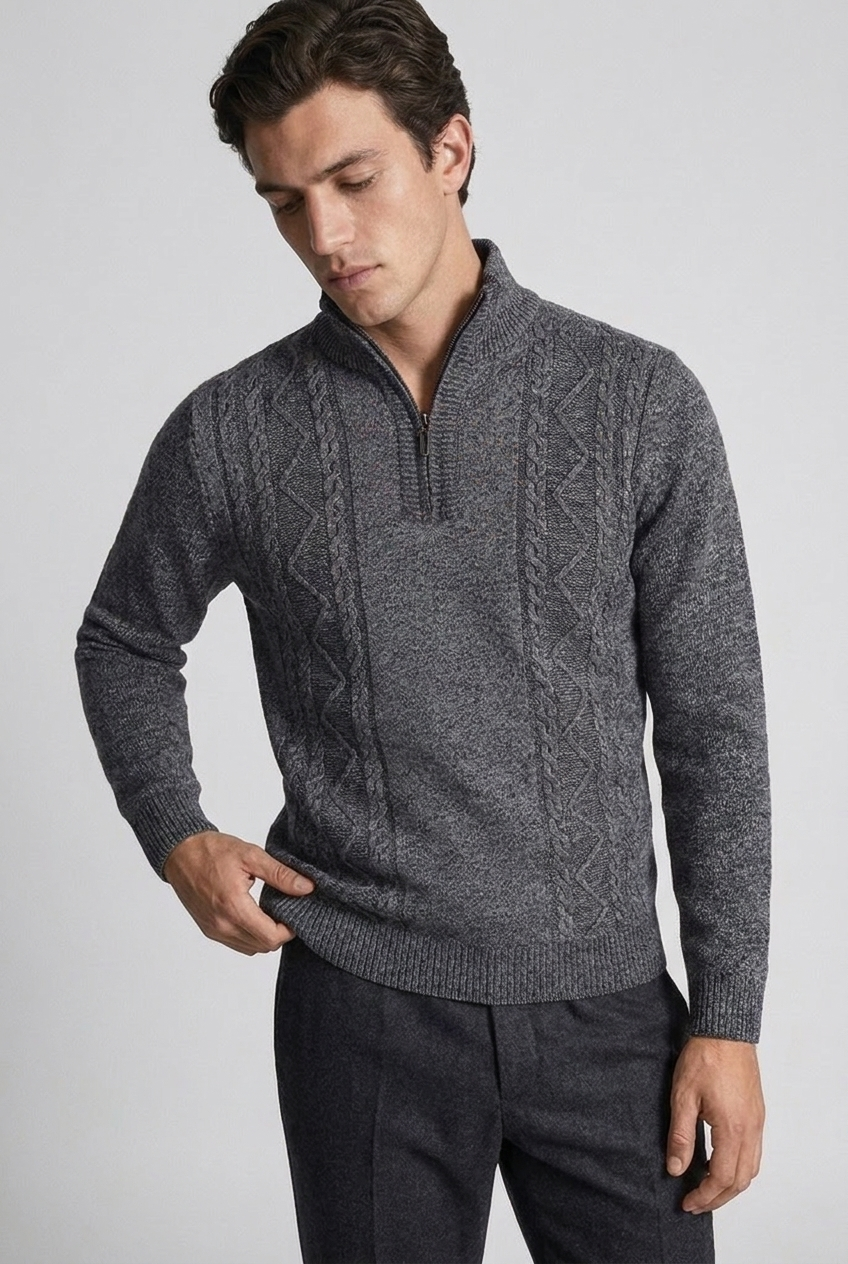 Cable Knit Quarter Zip Funnel Collar Jumper Men