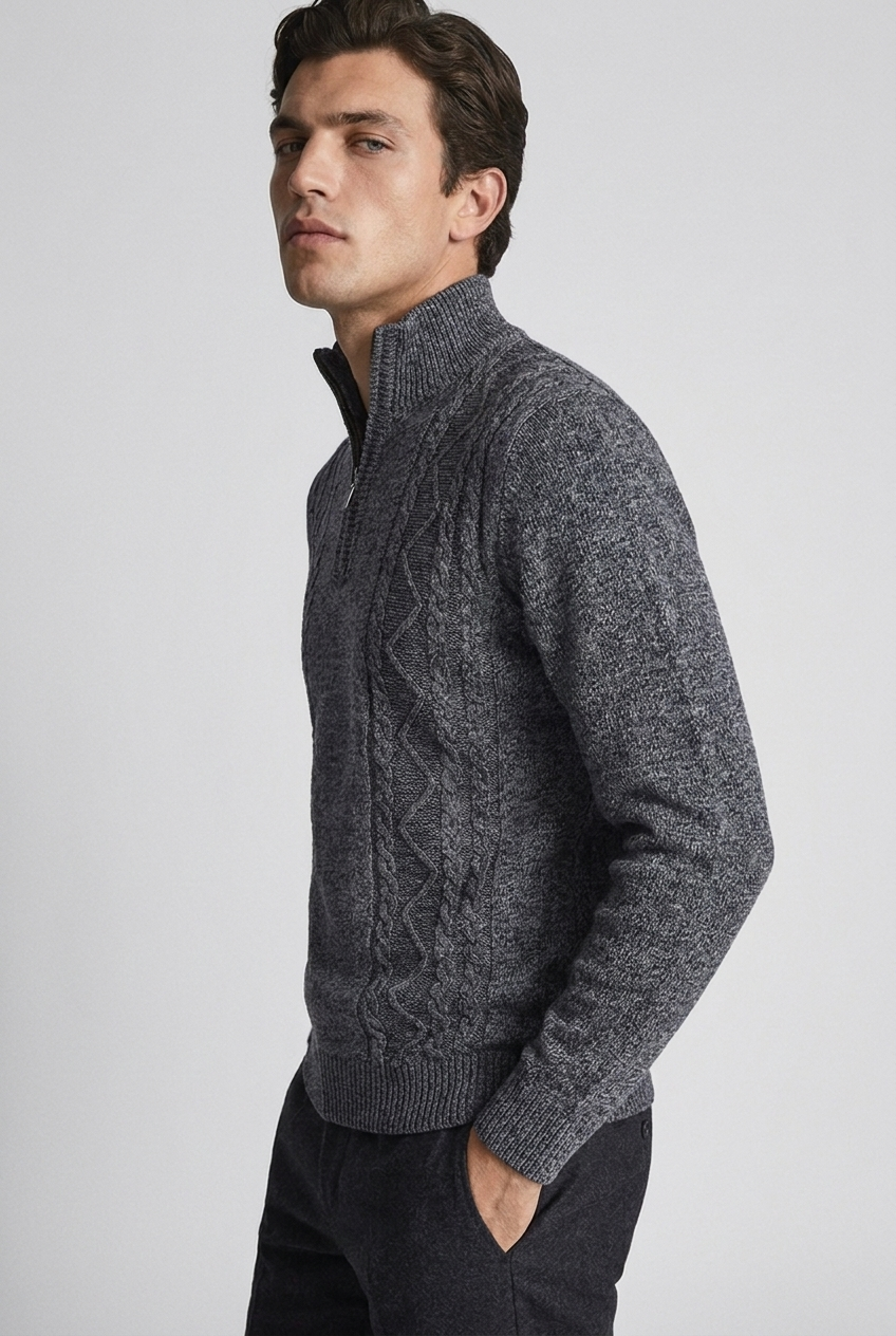 Cable Knit Quarter Zip Funnel Collar Jumper Men