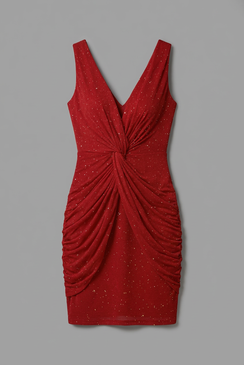 Women's Powder Glitter Puff V-Neck Ruched Body con Party Midi Dress