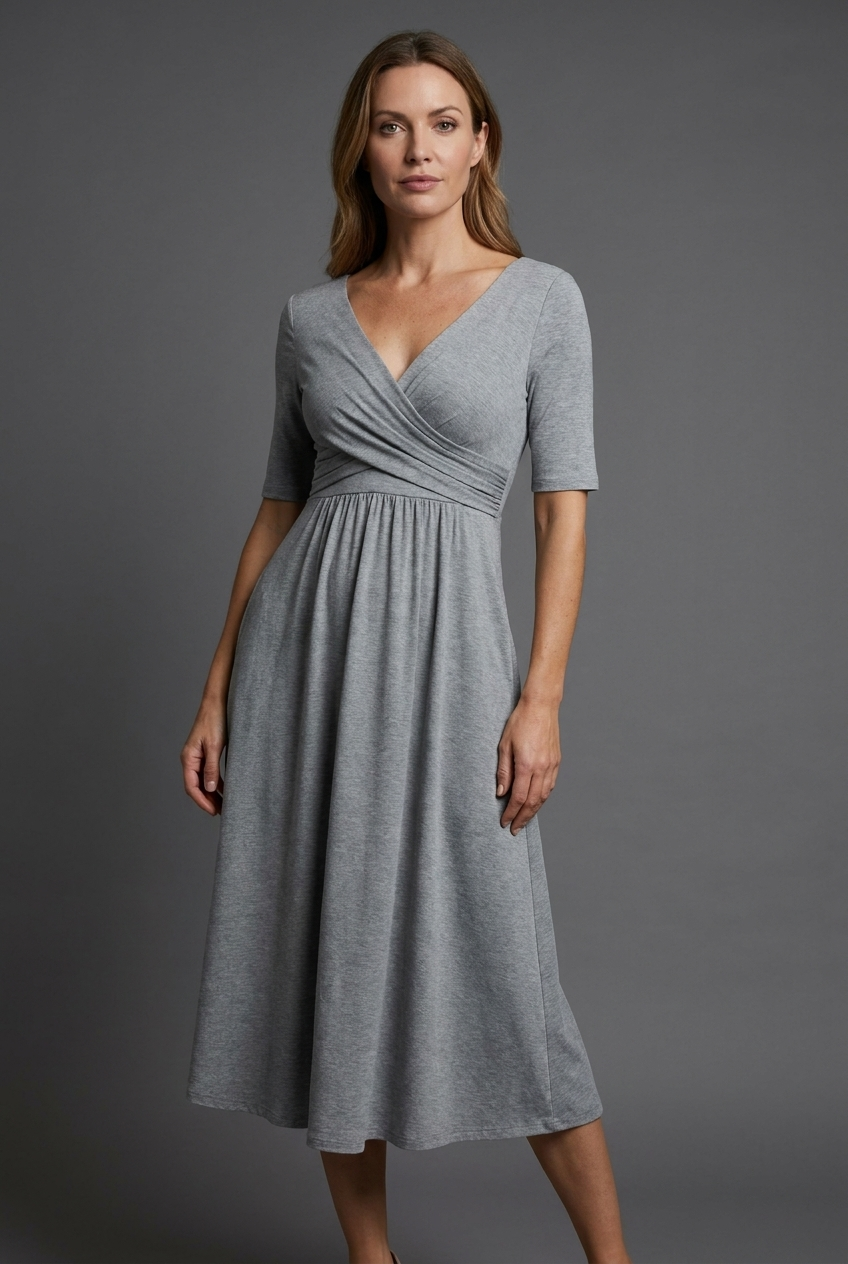 V Neck Wrap Front Short Sleeve Pockets Midi Dress Women