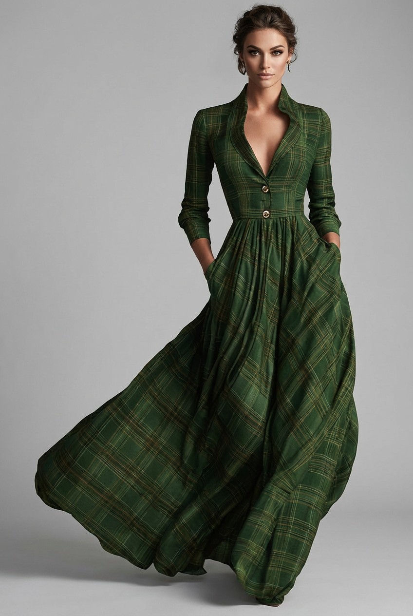 Heritage Tartan Check Long Sleeve Maxi Wedding Guest Dress