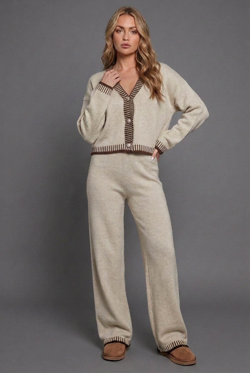 Contrast Trim Knit Style Cardigan Wide Leg Co Ord Set