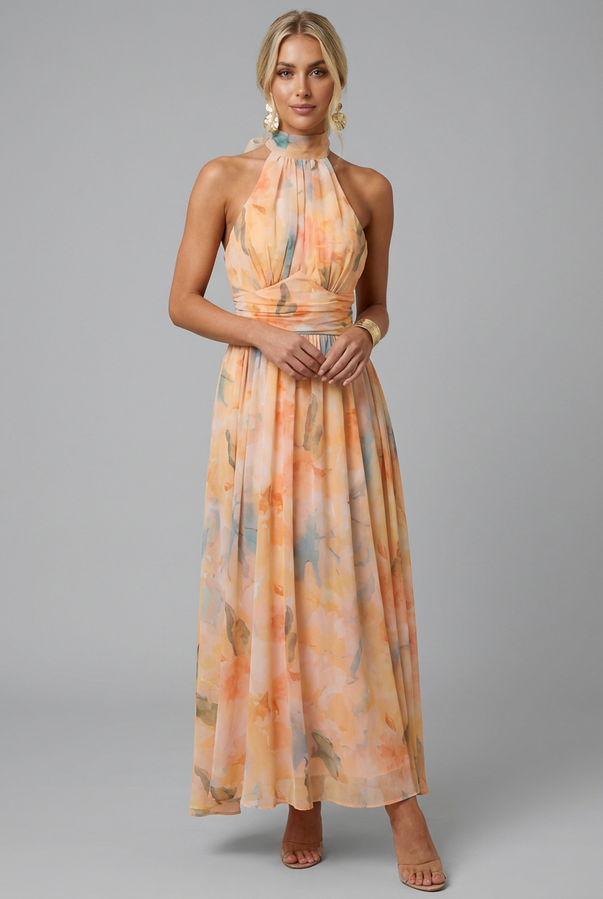 Women's Halter Neck Watercolour Maxi Dress