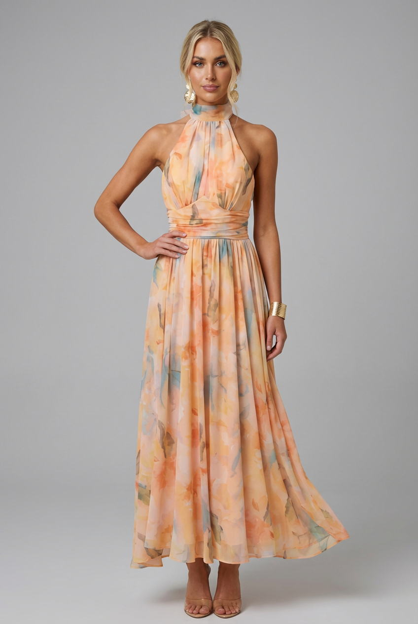 Women's Halter Neck Watercolour Maxi Dress