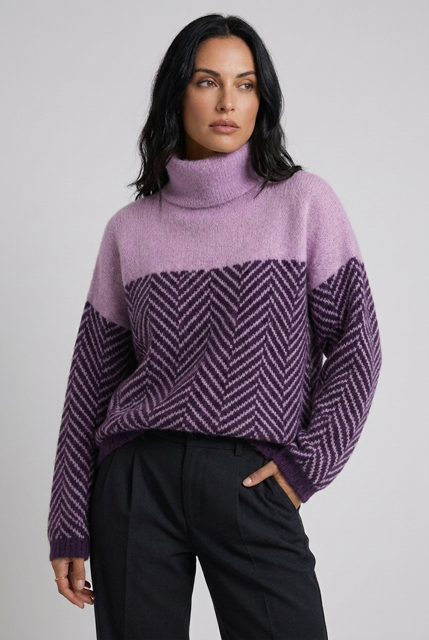 Herringbone Two-Tone Turtleneck Oversized Knit Jumper Women