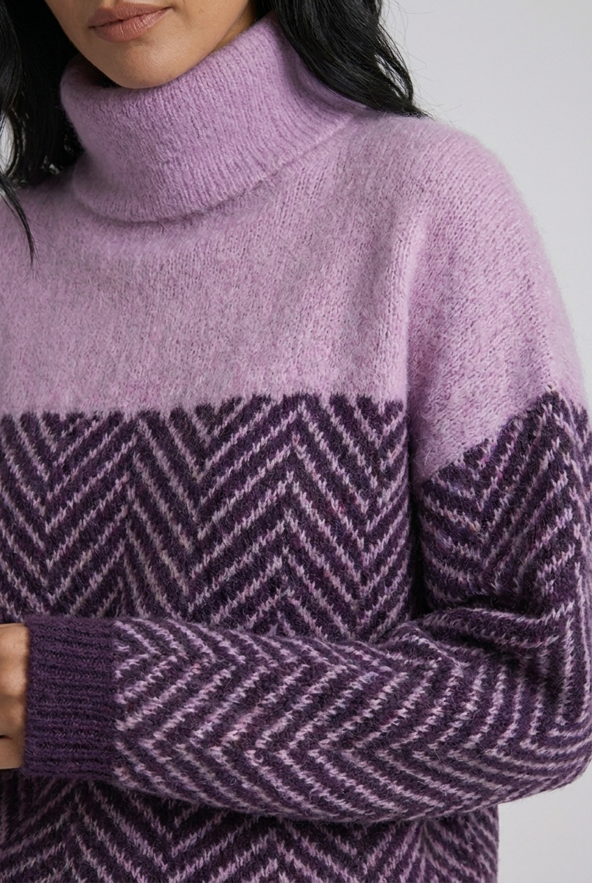 Herringbone Two-Tone Turtleneck Oversized Knit Jumper Women