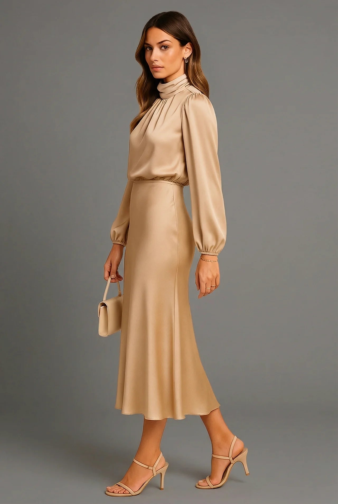 Long Sleeve Modest Satin Style Formal Midi Dress