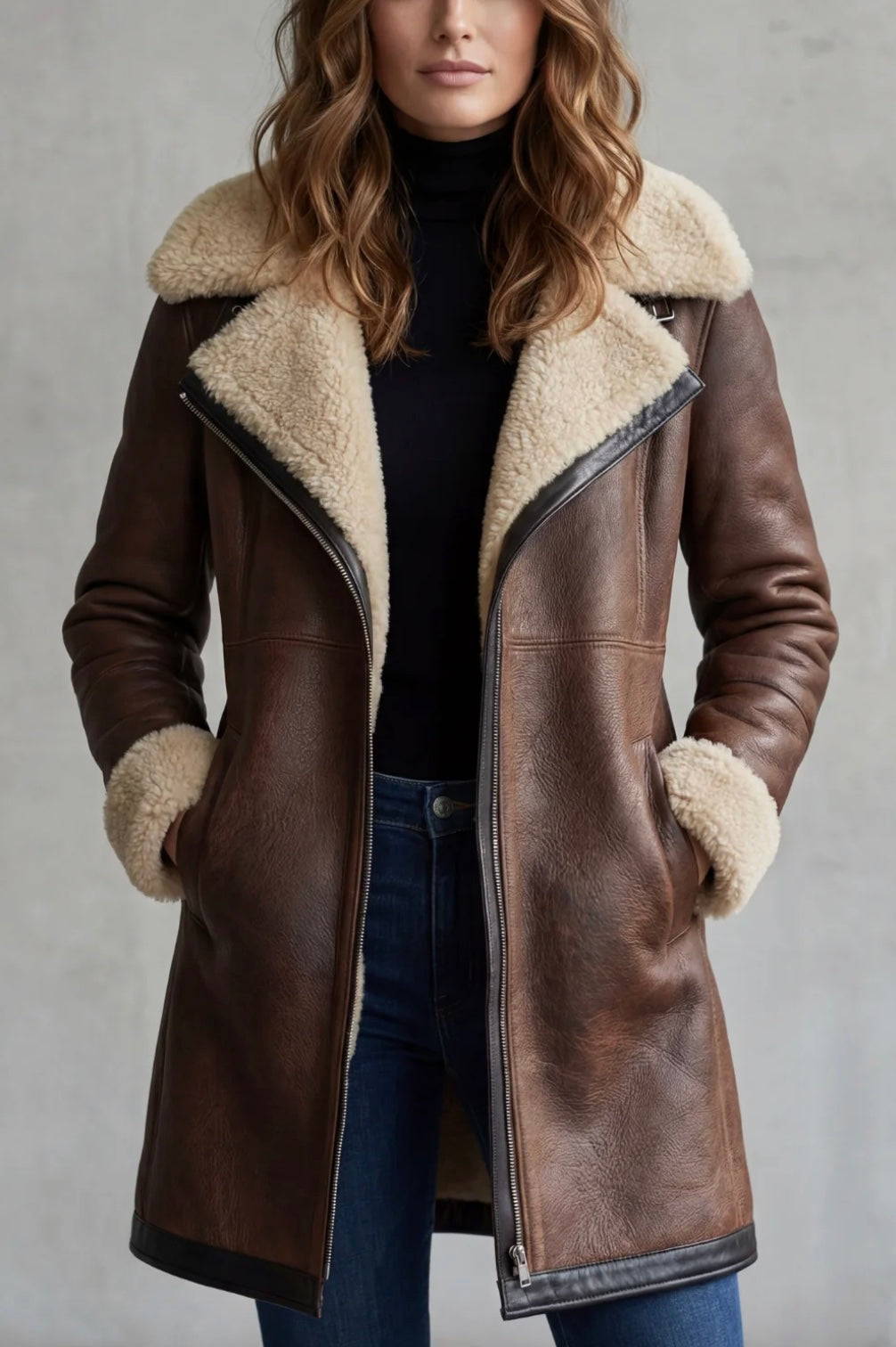Faux Leather Shearling Lined Longline Coat Women