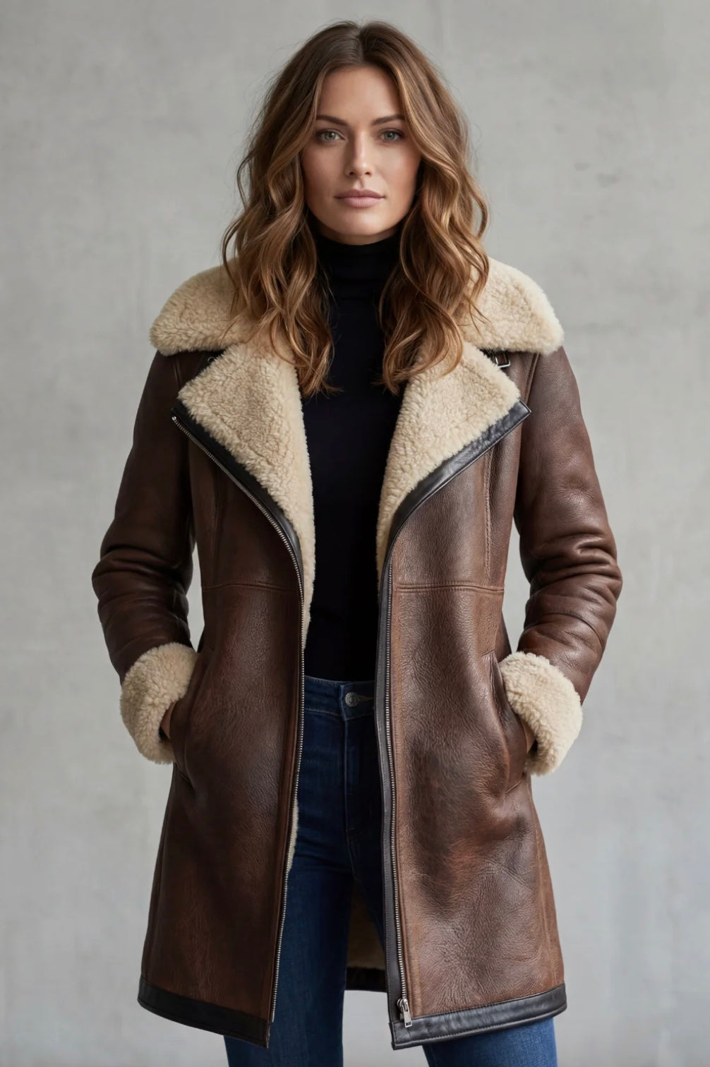 Faux Leather Shearling Lined Longline Coat Women