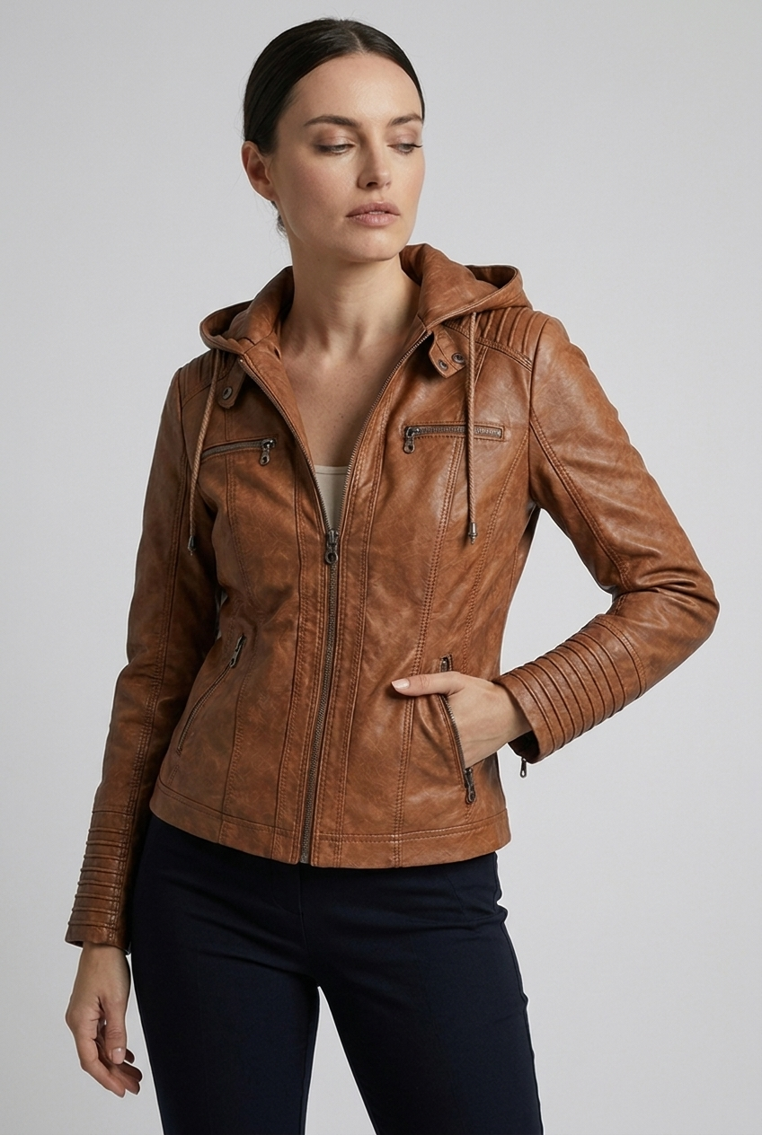 Hooded Faux Leather Style Jacket With Zip Pockets Women