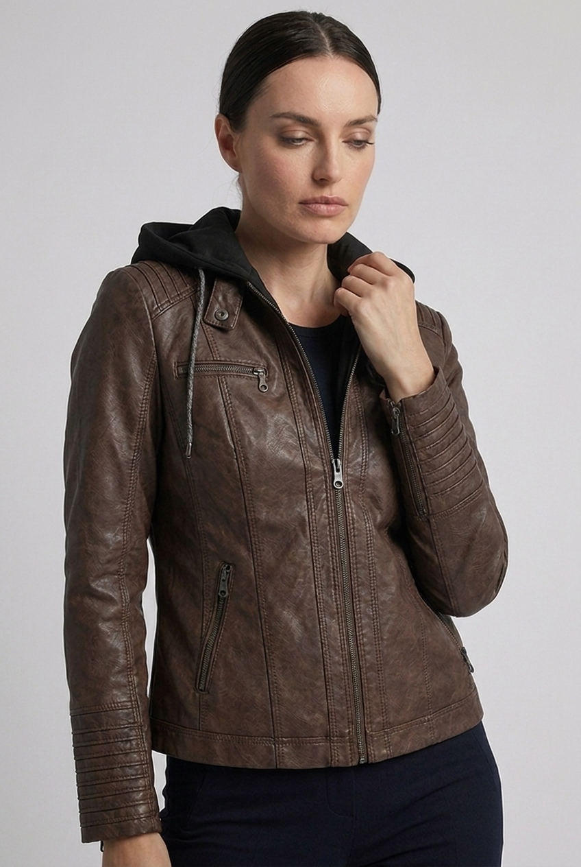 Hooded Faux Leather Style Jacket With Zip Pockets Women