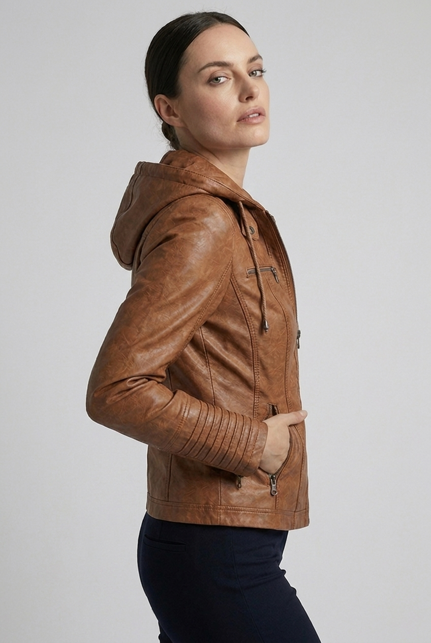 Hooded Faux Leather Style Jacket With Zip Pockets Women