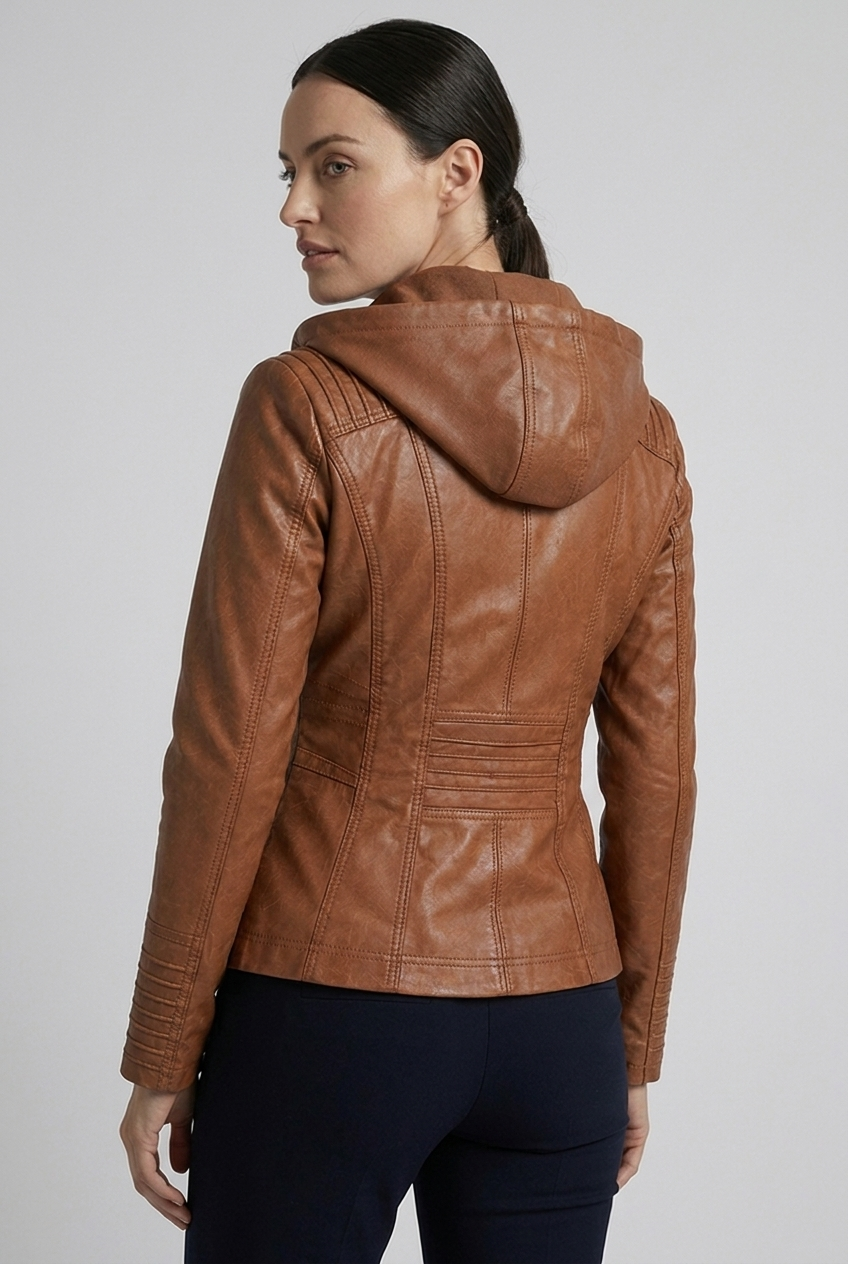Hooded Faux Leather Style Jacket With Zip Pockets Women