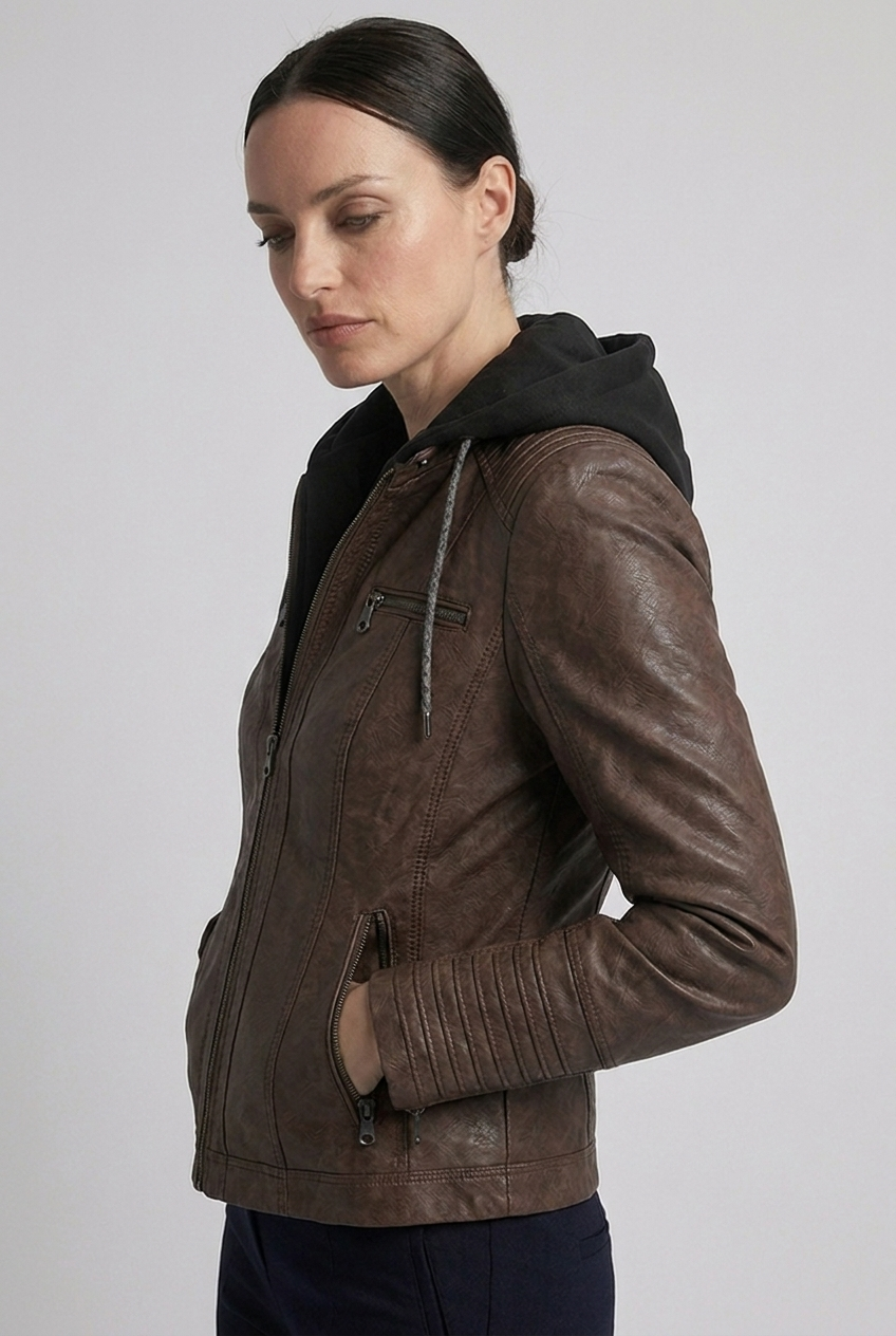 Hooded Faux Leather Style Jacket With Zip Pockets Women