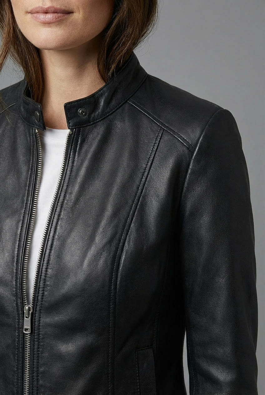 Women’s Short Leather Style Biker Jacket Zip Up Jacket