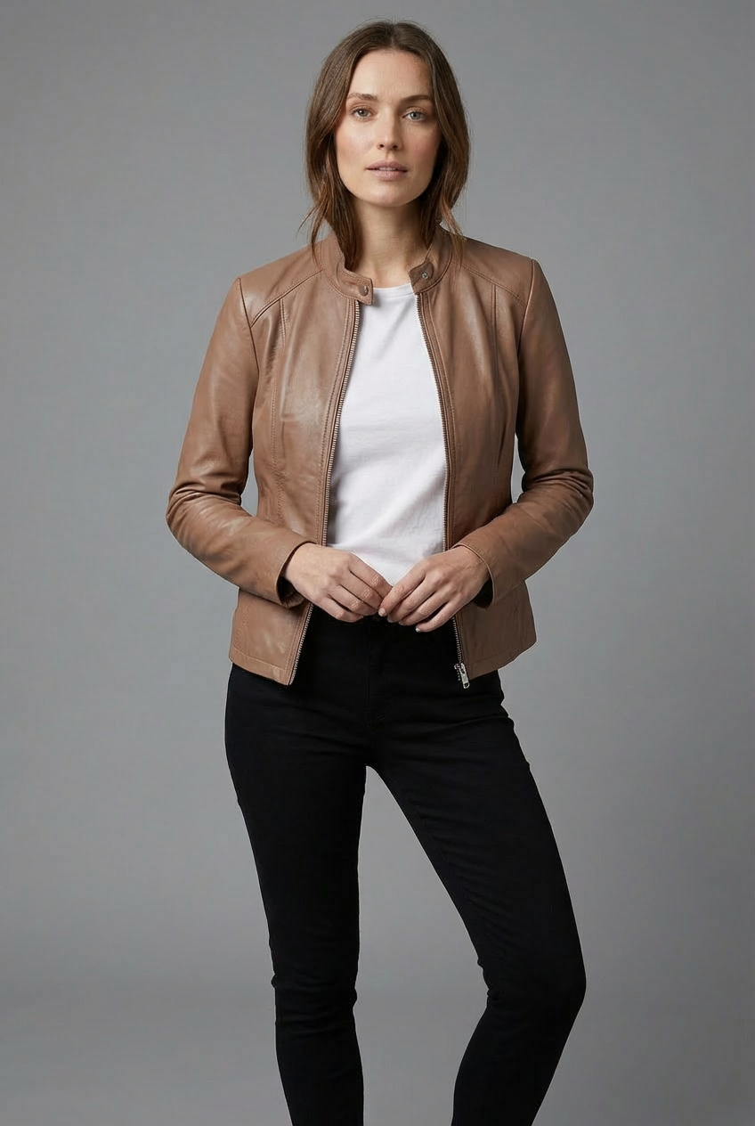Women’s Short Leather Style Biker Jacket Zip Up Jacket