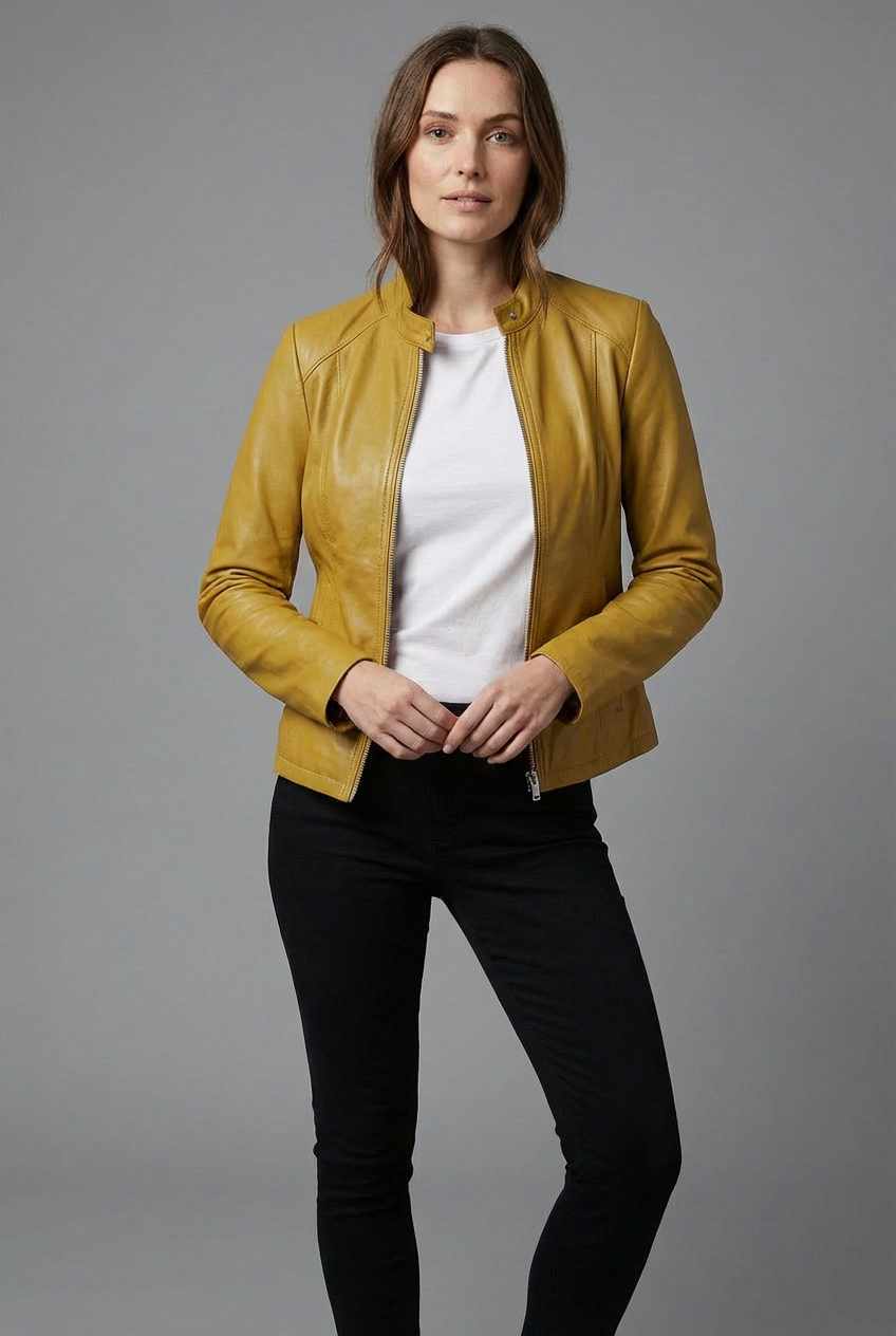 Women’s Short Leather Style Biker Jacket Zip Up Jacket