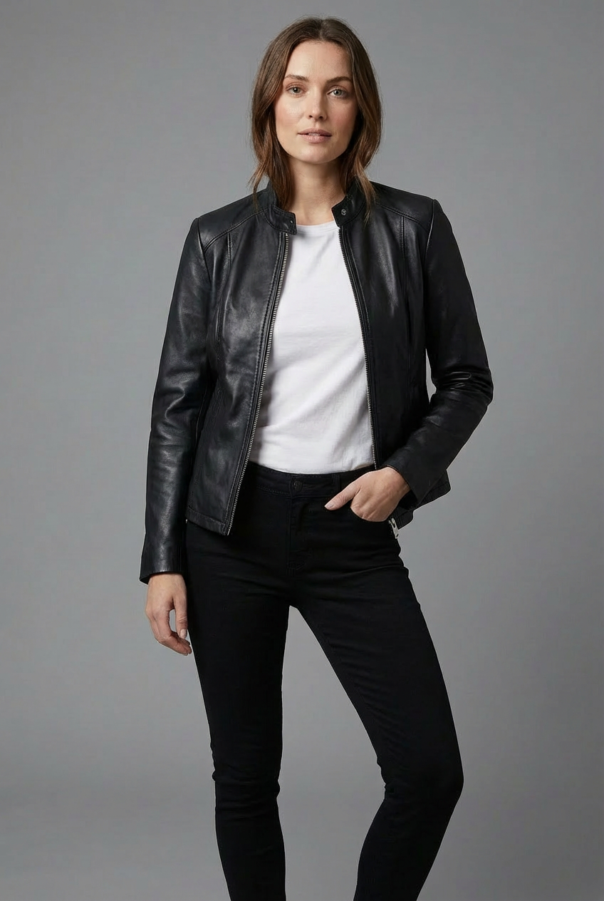 Women’s Short Leather Style Biker Jacket Zip Up Jacket
