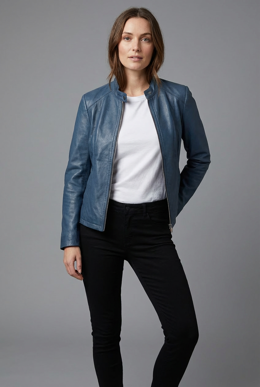 Women’s Short Leather Style Biker Jacket Zip Up Jacket