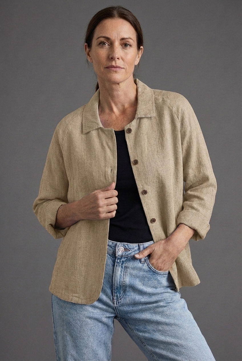 Linen Style Button Through Relaxed Casual Blouse Women