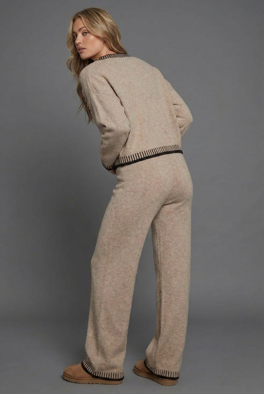 Contrast Trim Knit Style Cardigan Wide Leg Co Ord Set