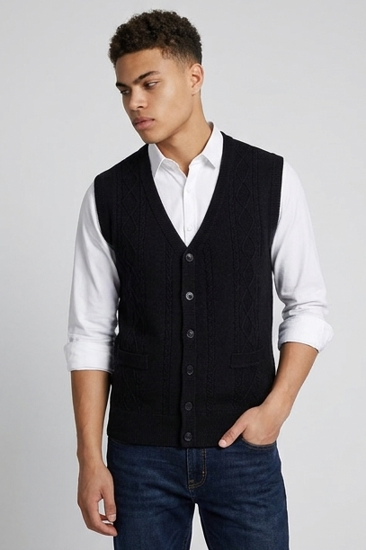 Black Knit Style Sleeveless Open Front Cardigan Vest Men