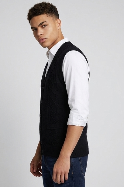 Black Knit Style Sleeveless Open Front Cardigan Vest Men