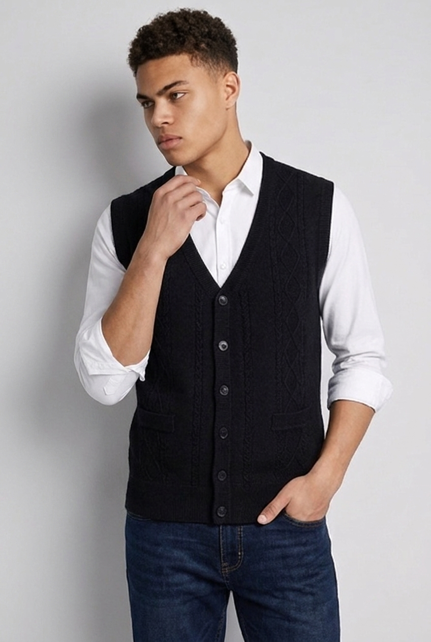 Black Knit Style Sleeveless Open Front Cardigan Vest Men