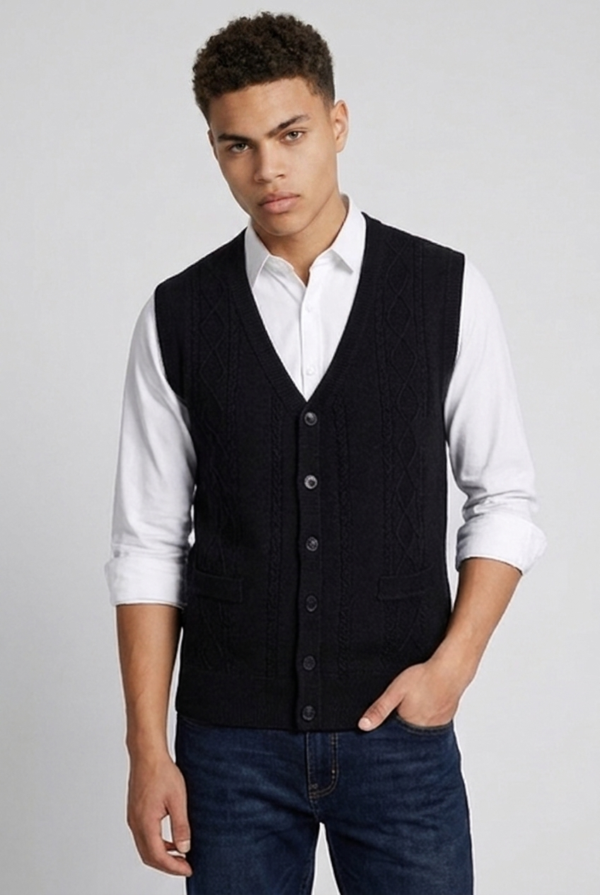 Black Knit Style Sleeveless Open Front Cardigan Vest Men