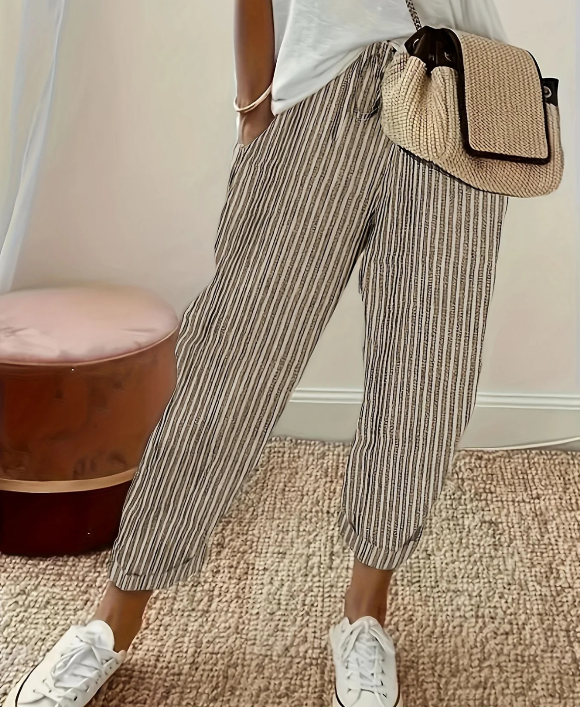 Striped Relaxed Fit Trousers with Drawstring Waist
