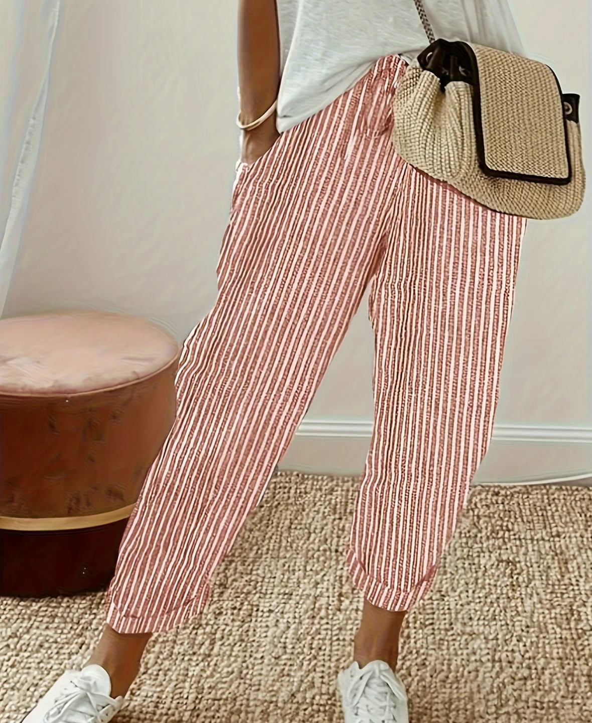 Striped Relaxed Fit Trousers with Drawstring Waist