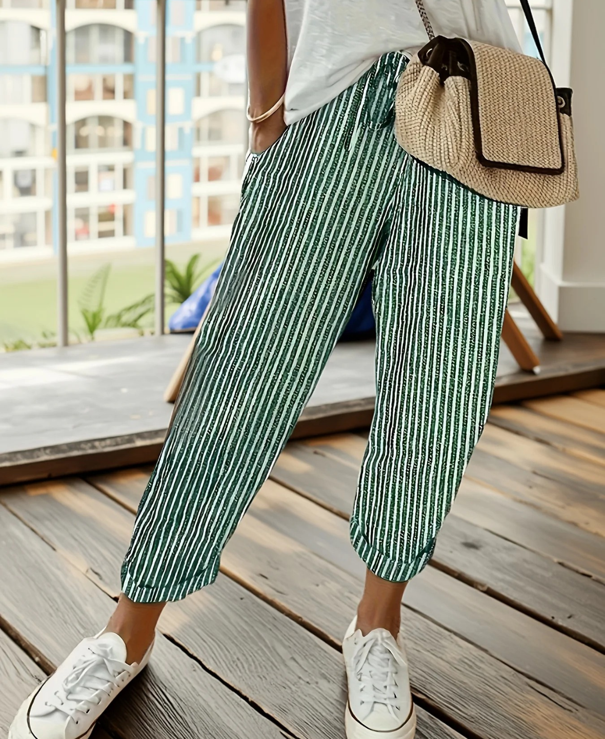 Striped Relaxed Fit Trousers with Drawstring Waist
