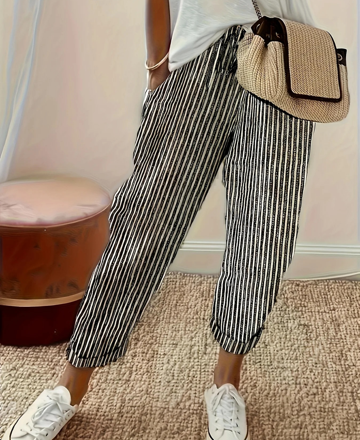 Striped Relaxed Fit Trousers with Drawstring Waist