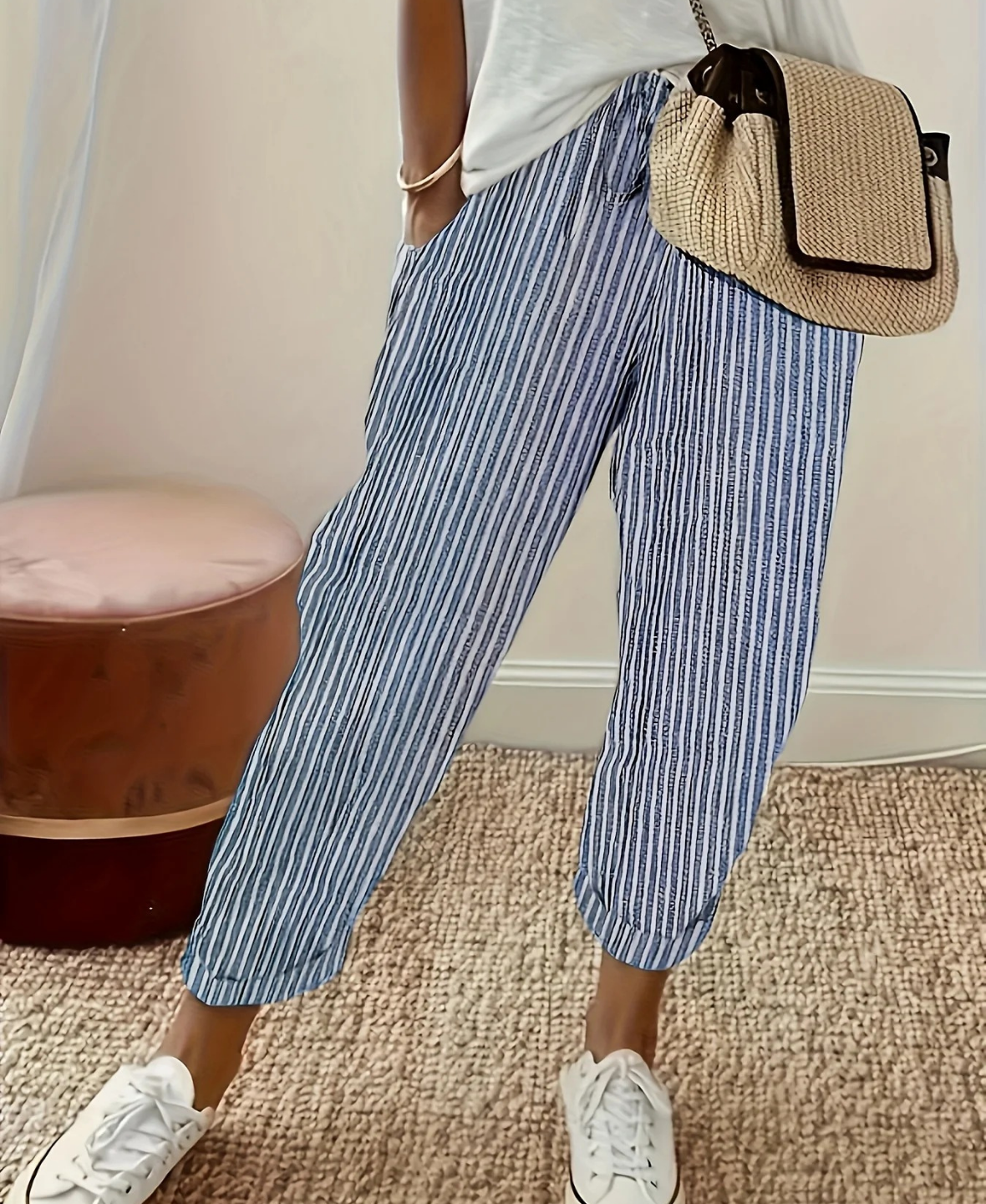 Striped Relaxed Fit Trousers with Drawstring Waist