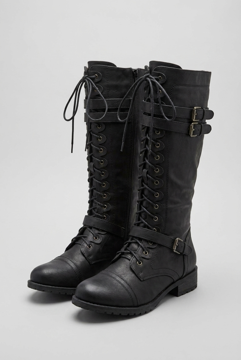 Lace-Up Buckle Knee High Combat Boots Women