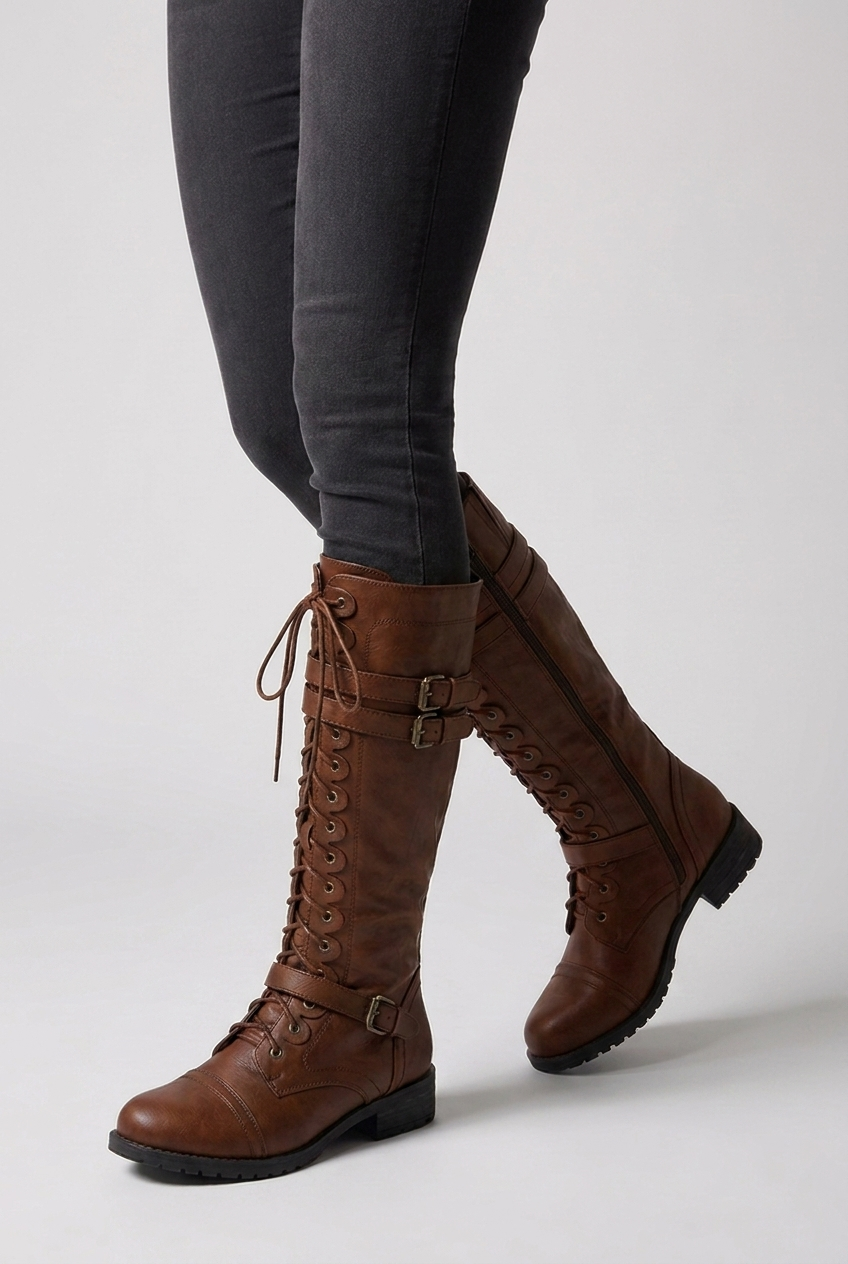 Lace-Up Buckle Knee High Combat Boots Women