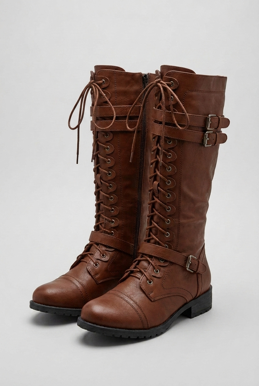 Lace-Up Buckle Knee High Combat Boots Women