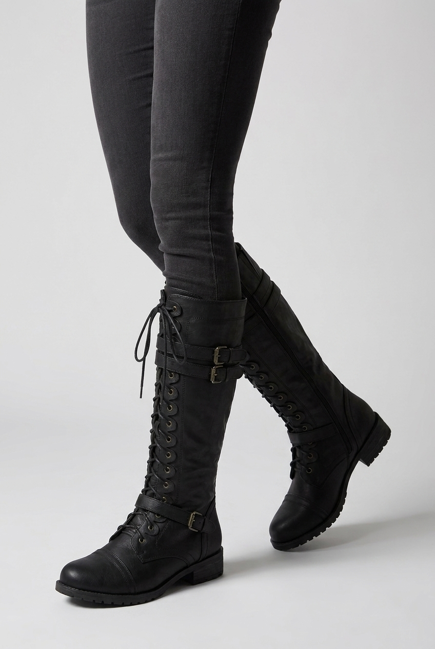 Lace-Up Buckle Knee High Combat Boots Women
