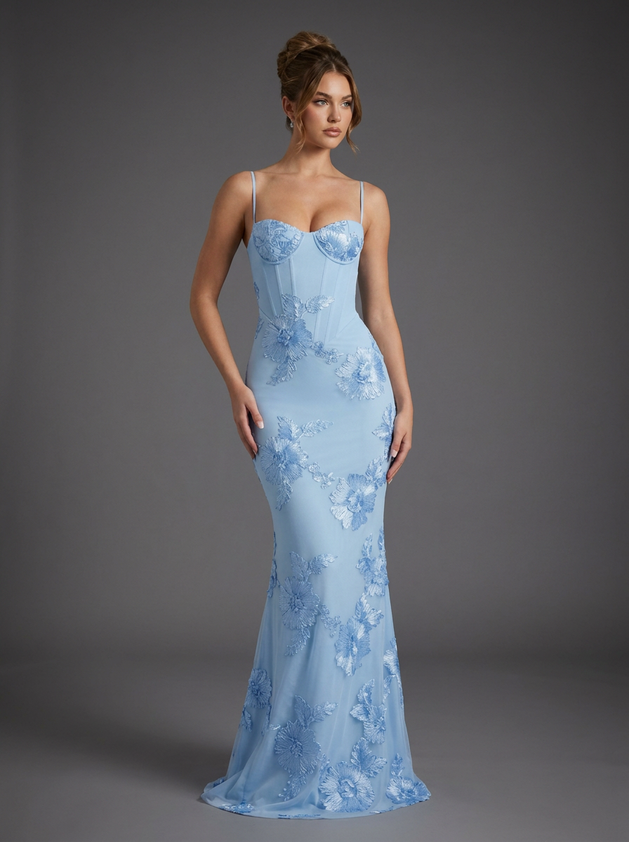 Strappy Embroidered Corset Fishtail Graduation Dress