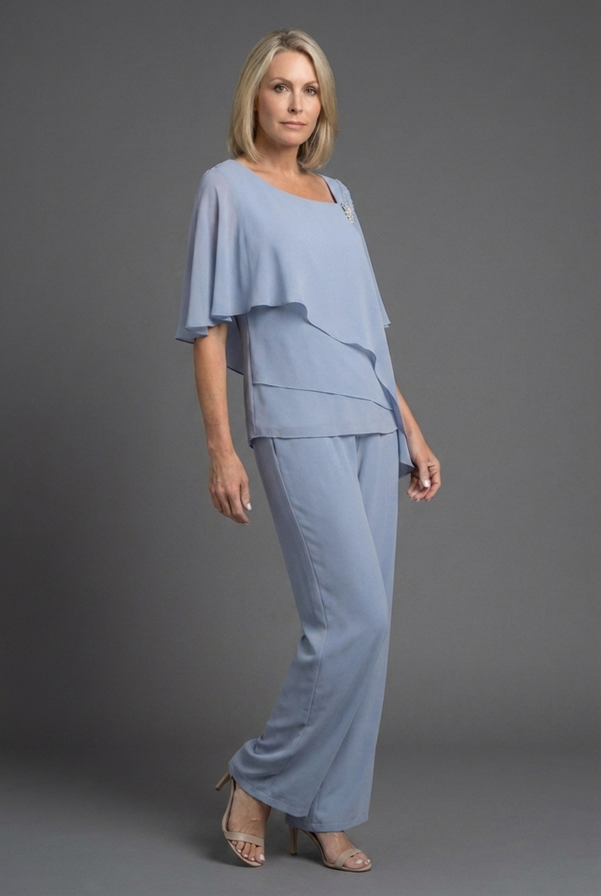 Chiffon Style Layered Cape Overlay Co-Ord Set Women