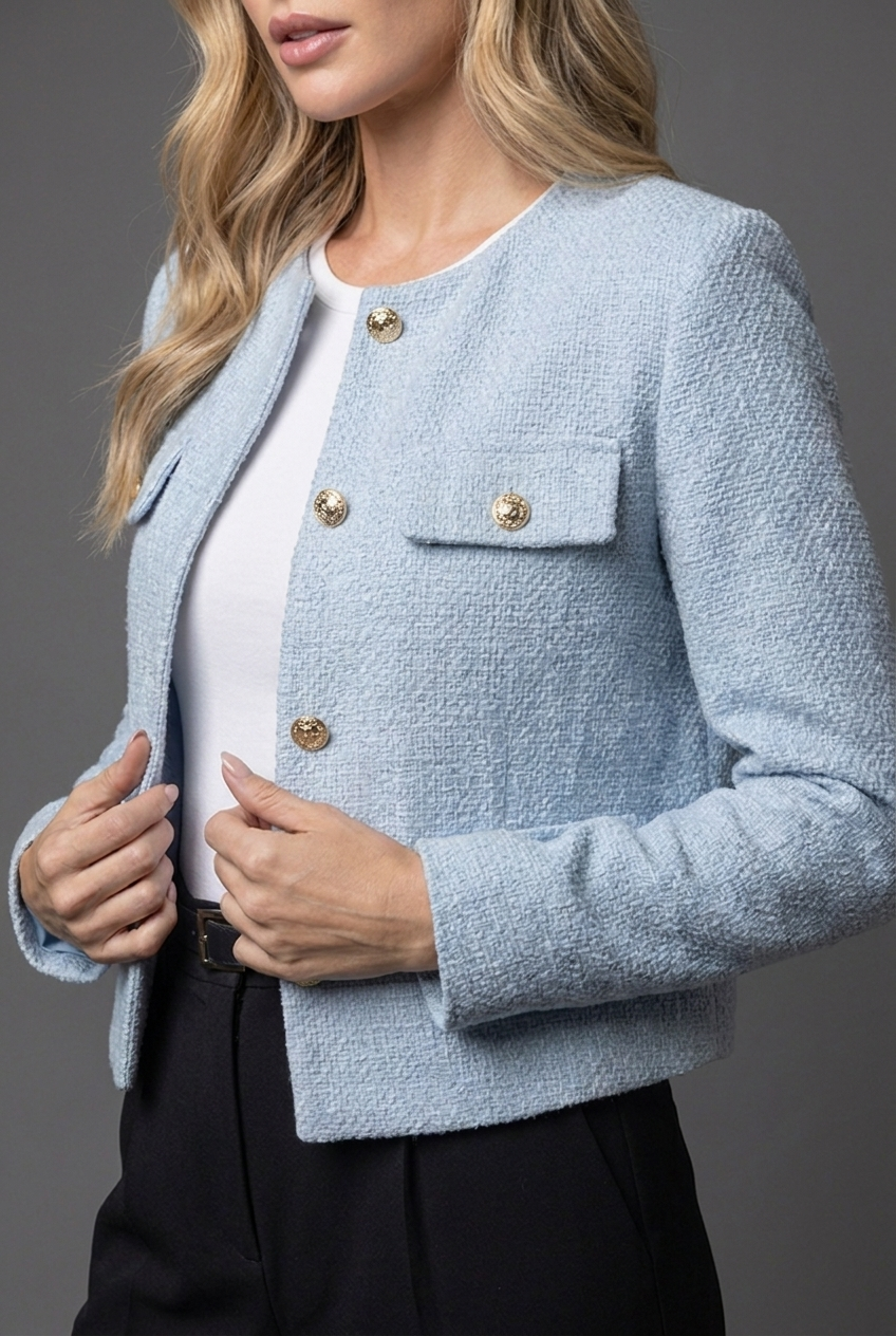 Tweed Style Round Neck Cropped Blazer Jacket Women