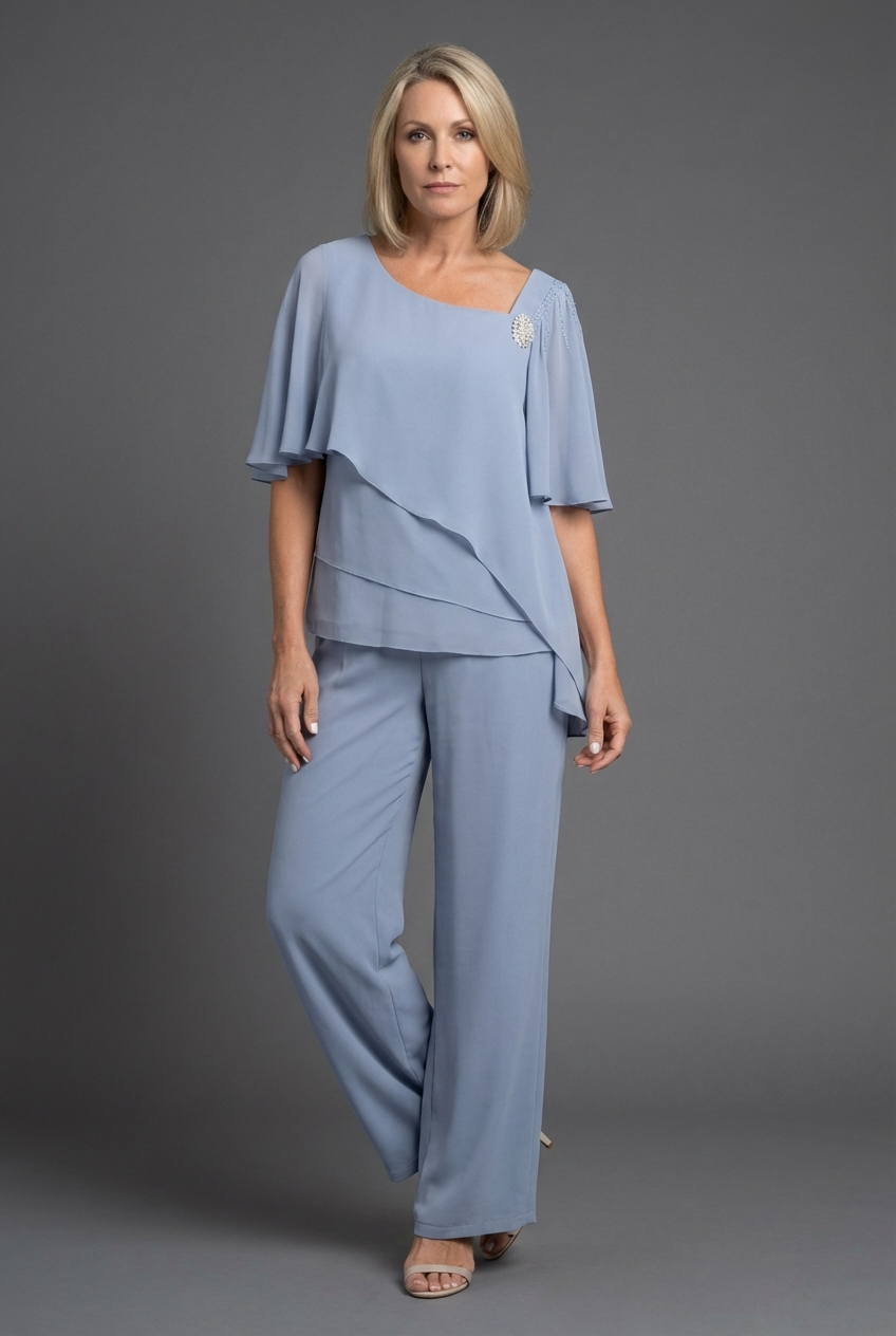 Chiffon Style Layered Cape Overlay Co-Ord Set Women