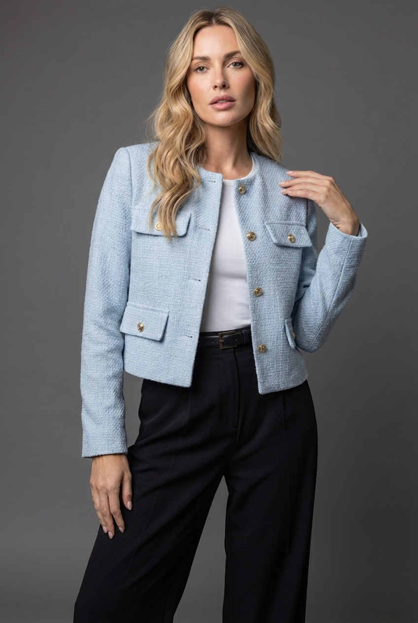 Tweed Style Round Neck Cropped Blazer Jacket Women