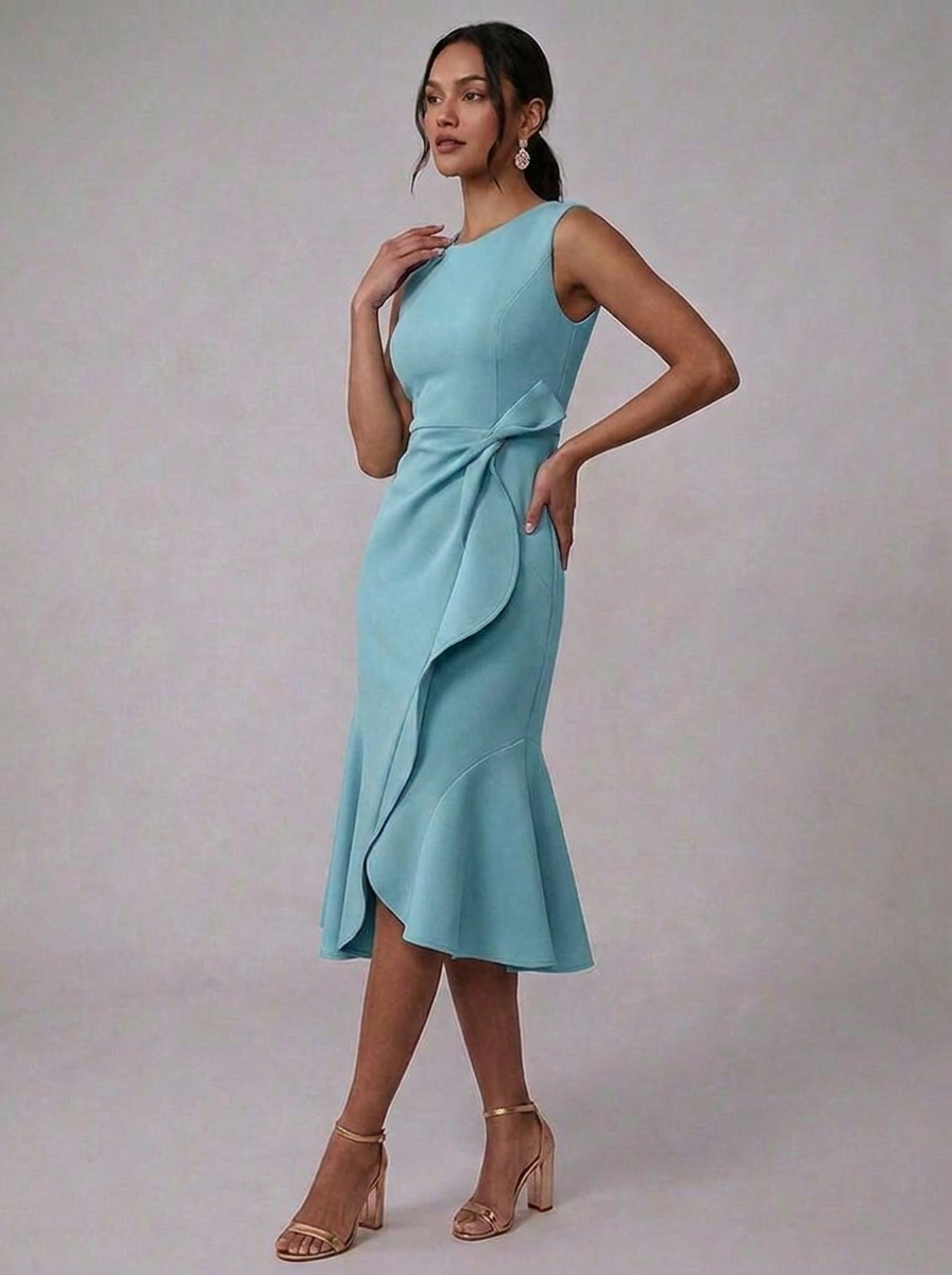 Summer Midi Occasion Dress – Sleeveless Ruffle Front Tie-Waist Holiday Wear
