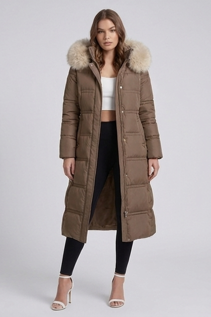 Long Fur Trim Hooded Parka Coat Women