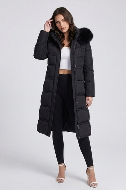 Long Fur Trim Hooded Parka Coat Women