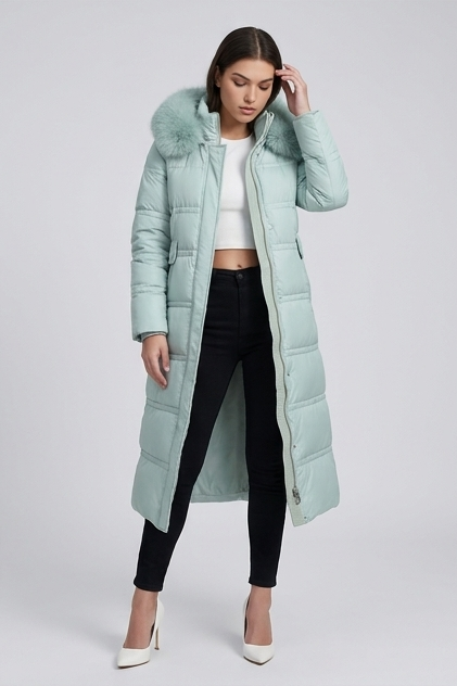 Long Fur Trim Hooded Parka Coat Women