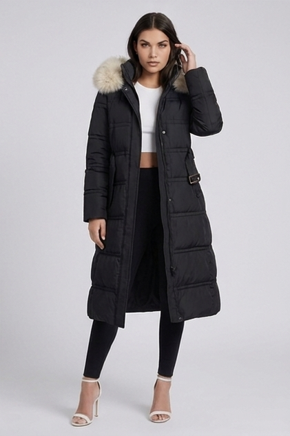 Long Fur Trim Hooded Parka Coat Women