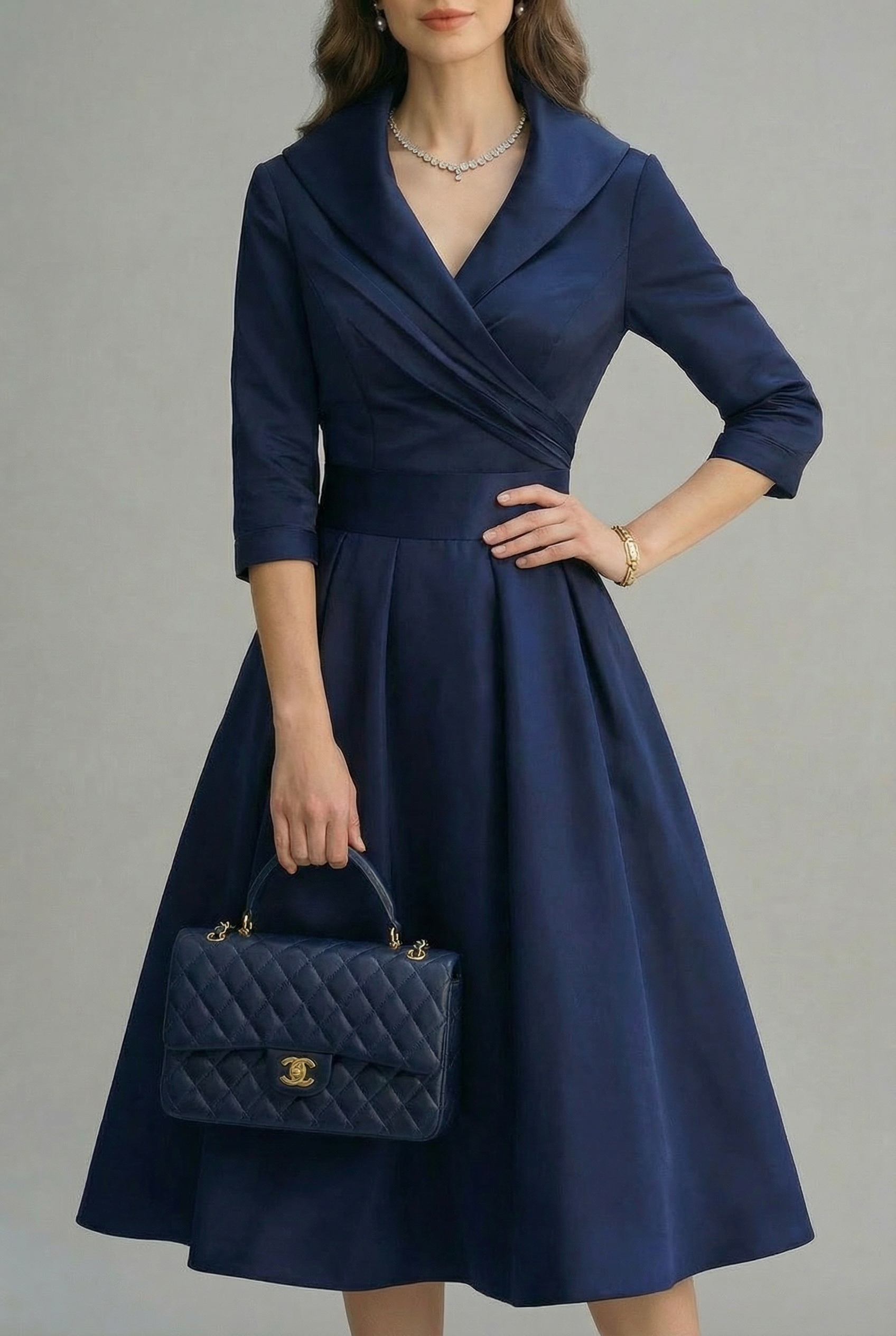 Women’s Ascot Elegant Wrap Midi Dress with Flared Skirt